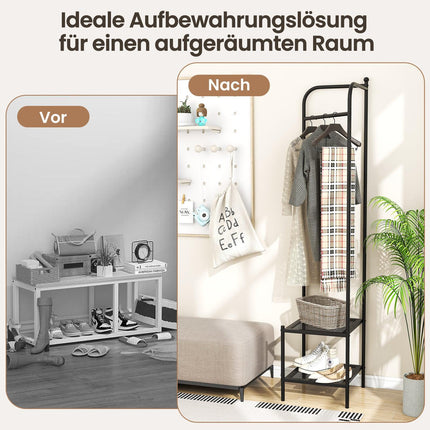 Corner Metal Coat Rack with Hooks and Shelves, Black