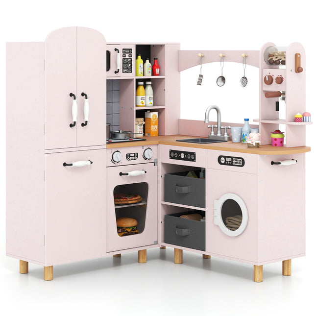 Corner Play Kitchen Set, Wooden, Pink, Lights and Sounds