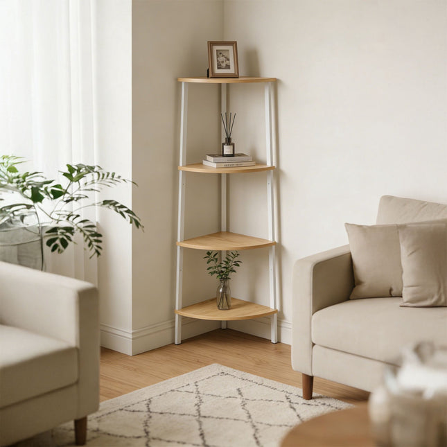 Hoekplank, 5 planken, metalen frame, houten afwerking