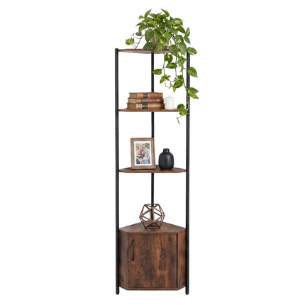 Corner Shelf Unit with 5 Shelves & Cupboard - Brown