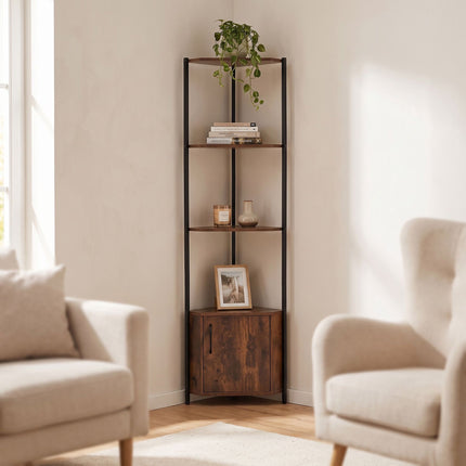 Corner Shelf Unit with 5 Shelves & Cupboard - Brown