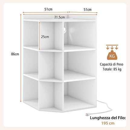 Corner Shelf With Charging Station, 9 Cubes, White