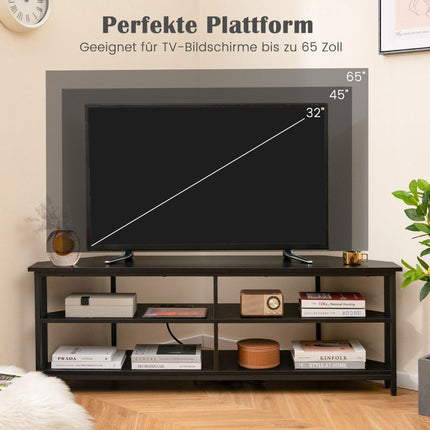 Rohový TV stolek s nabíjecí stanicí a policemi, TV lowboard pro televize do 65 palců, černá