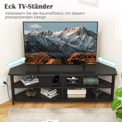 Rohový TV stolek s nabíjecí stanicí a policemi, TV lowboard pro televize do 65 palců, černá