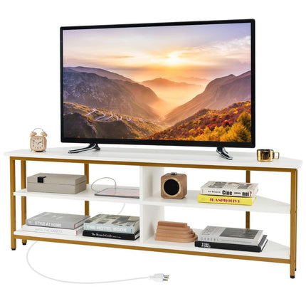 Rohový TV stolek s nabíjecí stanicí a policemi, TV lowboard pro televize do 65 palců, bílá