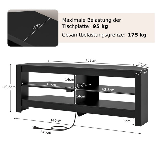 TV-hoekkast met oplaadstation en 4 planken voor tv's tot 65 inch TV-lowboard TV-kast zwart