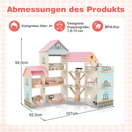 Rohový dřevěný domeček pro panenky s růžovou střechou a 41 kusy nábytku a doplňků, DIY dům snů