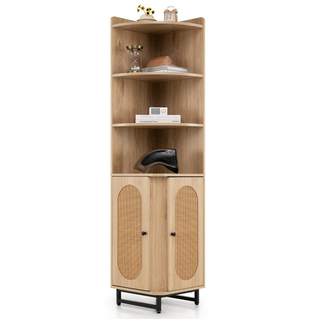 Hoekboekenkast van PE-rotan 172 cm hoge kast met 2 deuren en 4 open planken naturel