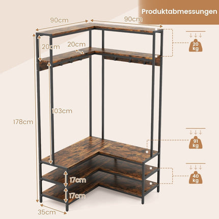 Rohový věšák s lavicí, stojan na oblečení do L s otevřenými policemi 90 x 90 x 178 cm, rustikální hnědá