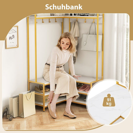 Corner coat rack with bench L-shaped clothes rack with open shelves 90 x 90 x 178 cm white