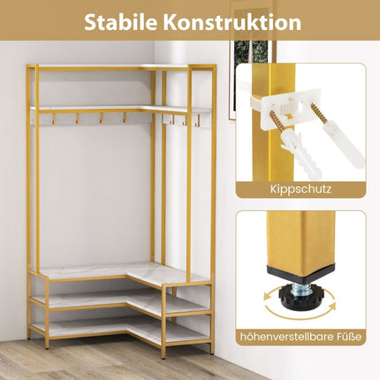 Corner coat rack with bench L-shaped clothes rack with open shelves 90 x 90 x 178 cm white