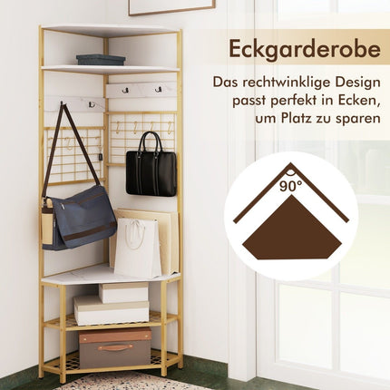 Corner coat rack with shoe bench &amp; 12 metal hooks freestanding clothes rack white