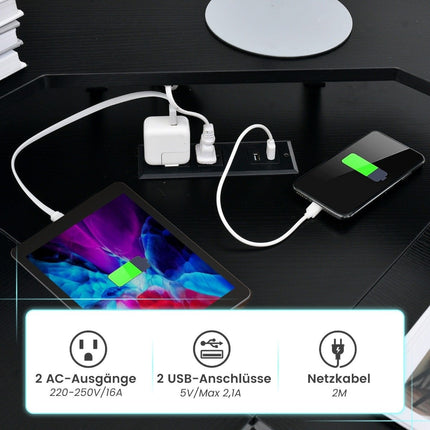 Rohový psací stůl se zásuvkou, USB nabíjecím portem a podstavcem na monitor, černá