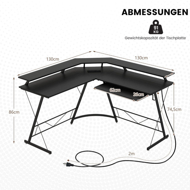 Hoekbureau met stopcontact & USB-oplaadpoort & monitorstandaard zwart