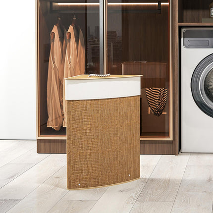 Corner laundry basket, bamboo weave, 55 liters, fabric bag, metal frame, brown