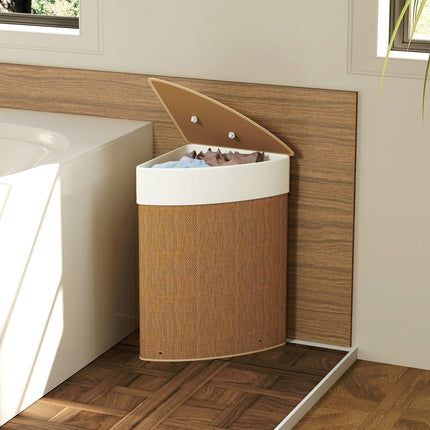 Corner laundry basket, bamboo weave, 55 liters, fabric bag, metal frame, brown