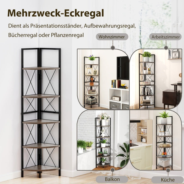 Hoekkast met 5 niveaus 160 cm hoge boekenkast houten staande kast met metalen frame eikengrijs