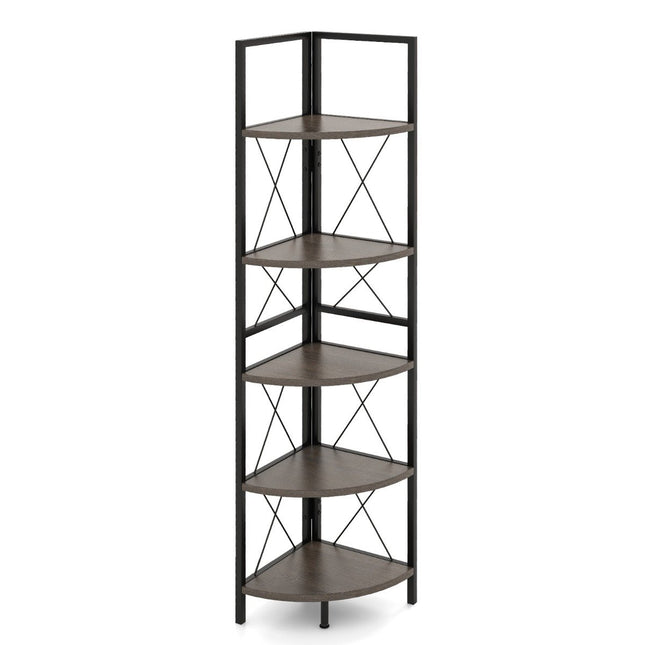 Hoekkast met 5 niveaus 160 cm hoge boekenkast houten staande kast met metalen frame eikengrijs