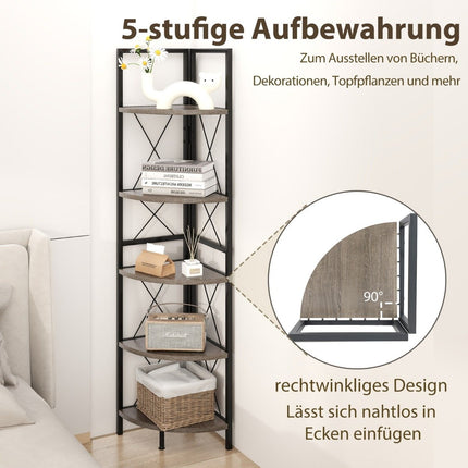 Rohový regál s 5 patry, 160 cm vysoká knihovna, dřevěný stojací regál s kovovým rámem, dub/šedá