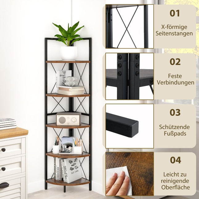 Hoekplank met 5 niveaus 160 cm hoge boekenplank houten staande plank met metalen frame vintage