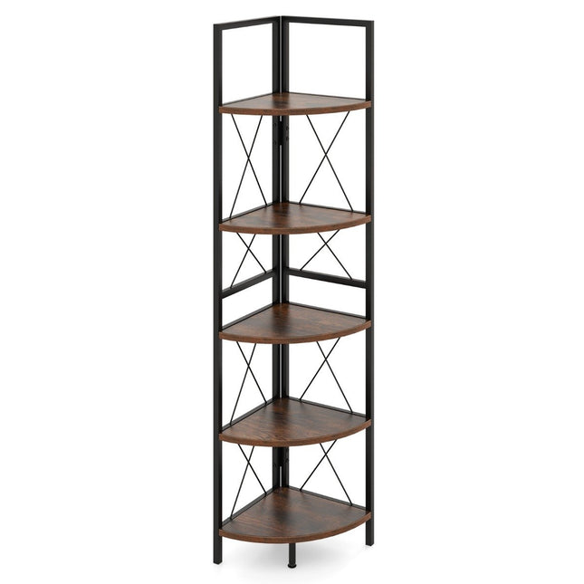Hoekplank met 5 niveaus 160 cm hoge boekenplank houten staande plank met metalen frame vintage
