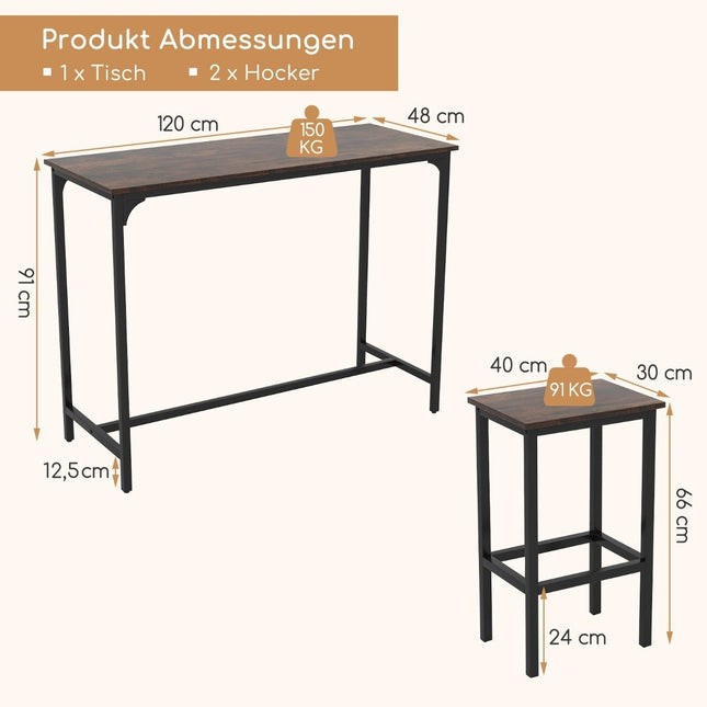 Eettafelset met tafel en 2 krukken, bruin
