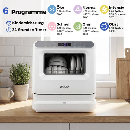 Stolní myčka nádobí s nádrží 8.25L, 6 programů, bílá