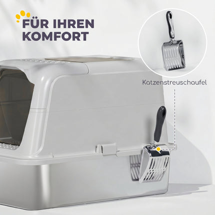 Krytá kočičí toaleta, nerezová vanička, přední vstup, horní výstup