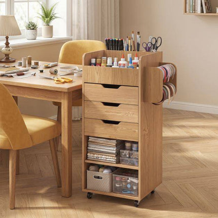 Craft Storage Trolley with Drawers and Shelves, Natural