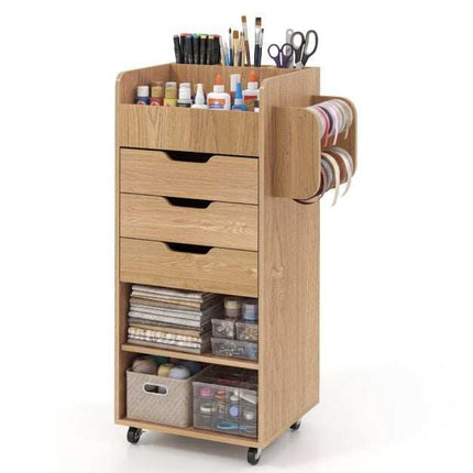 Craft Storage Trolley with Drawers and Shelves, Natural
