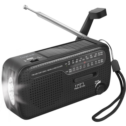 Rádio na kliku s baterkou a solárním článkem, černá