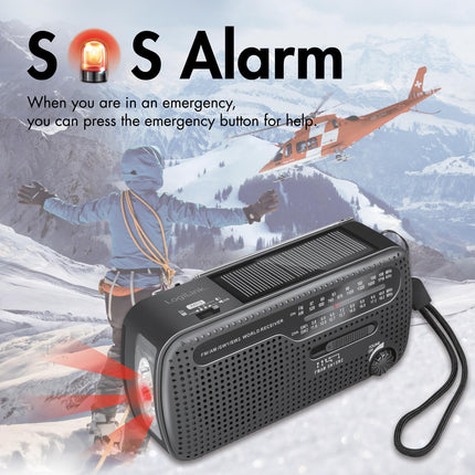 Rádio na kliku s baterkou a solárním článkem, černá