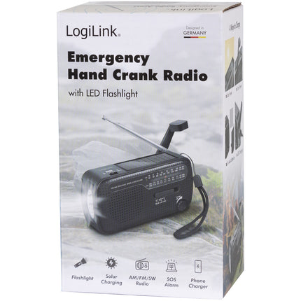 Rádio na kliku s baterkou a solárním článkem, černá