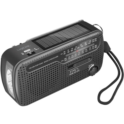 Rádio na kliku s baterkou a solárním článkem, černá