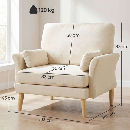 Sametové designové křeslo krémové, sedák 83 cm, včetně 2 polštářů