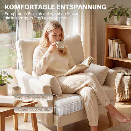 Sametové designové křeslo krémové, sedák 83 cm, včetně 2 polštářů