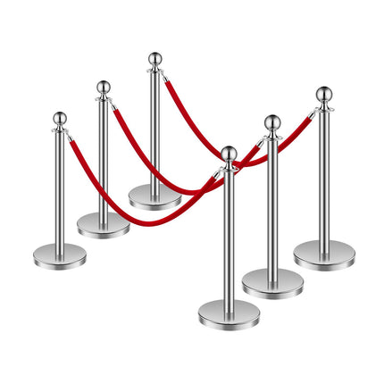 Crowd Control Stanchion Post Set, 6 Pcs, 3 Red Ropes