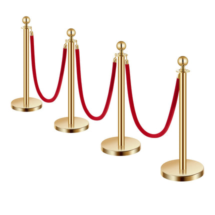 Crowd Control Stanchion Set, 4-Pack, Gold, 5 ft, Red Velvet Ropes