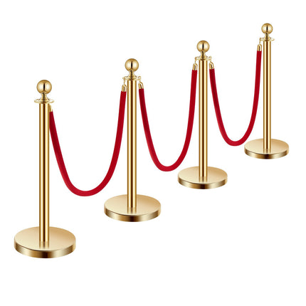 Crowd Control Stanchion Set, 4-Pack, Gold, 5 ft, Red Velvet Ropes