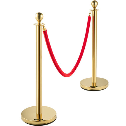 Crowd Control Stanchion Set, 8 Gold Posts, 5 Ft Red Rope