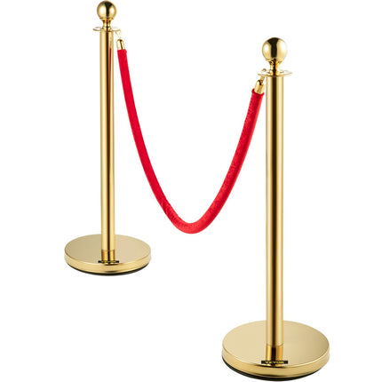 Crowd Control Stanchion Set, 8 Gold Posts, 5 Ft Red Rope