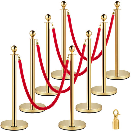 Crowd Control Stanchion Set, 8 Gold Posts, 5 Ft Red Rope