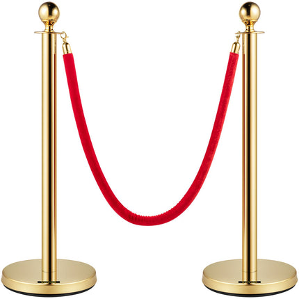 Crowd Control Stanchion Set, 8 Gold Posts, 5 Ft Red Rope