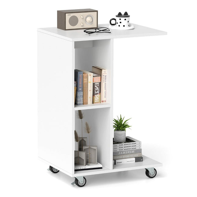 C-vormige bijzettafel, smalle bijzettafel met planken, mobiel nachtkastje voor de woonkamer, wit