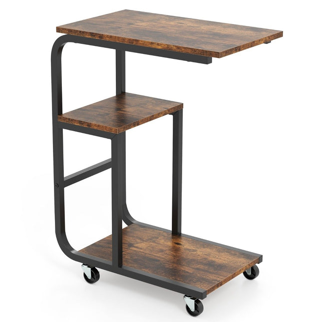 C-vormige bijzettafel met open planken en vergrendelbare wielen. Ruimtebesparende salontafel.