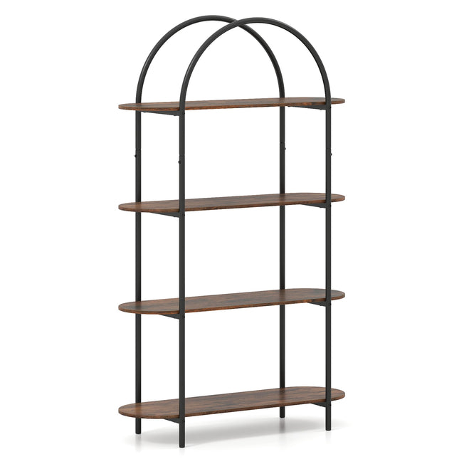 Gebogen boekenkast met 4 planken, metalen frame en houten planken.