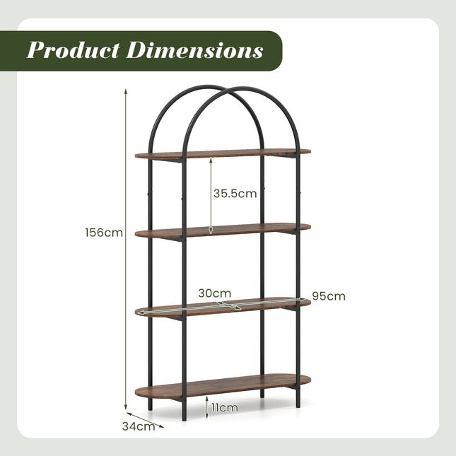 Gebogen boekenkast met 4 planken, metalen frame en houten planken.