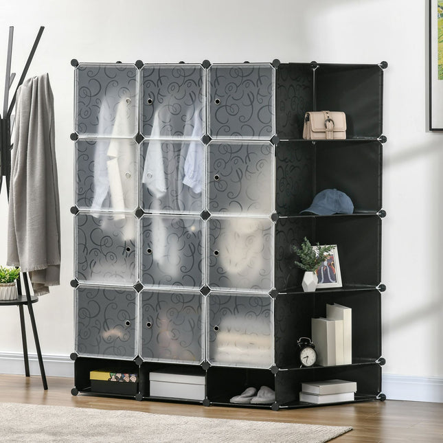 DIY-garderobereksysteem met 16 vakken en 2 stangen DIY-kubusplankopbergrek voor kledingschoenen Zwart 145 x 46 x 162 cm Aosoom