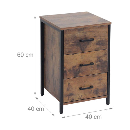 Dunkelbrauner Nachttisch mit 3 Schubladen, MDF & Stahl