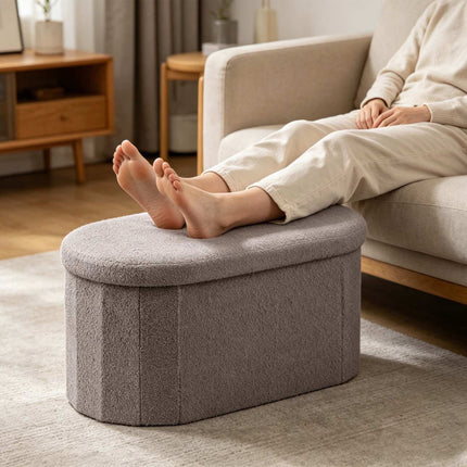 Dark Gray Teddy Fabric Storage Bench, Oval Shape